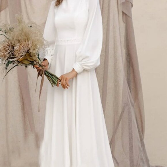 Vintage-Inspired Long Sleeve Wedding Dress – Elegant Boho Bride Gown sweep train - Picture 3 of 13